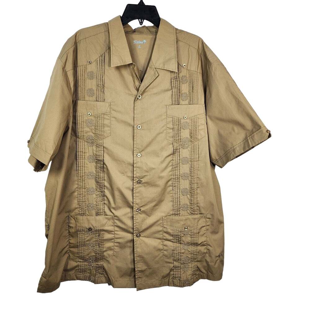KS Island KingSize Men Shirt Sz 2XL Guayabera Tan Short Sleeve Button Collared